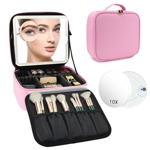 Travel Makeup Bag with LED Mirror and 10x magnifying glass with 3 Lighted Settings