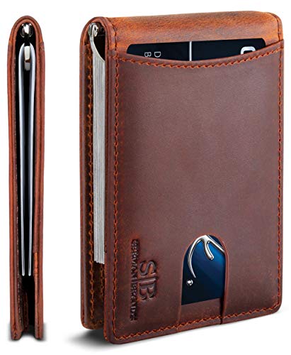 RFID Blocking Slim Bifold Genuine Leather Minimalist Front Pocket Wallets for Men with Money Clip Thin Gift