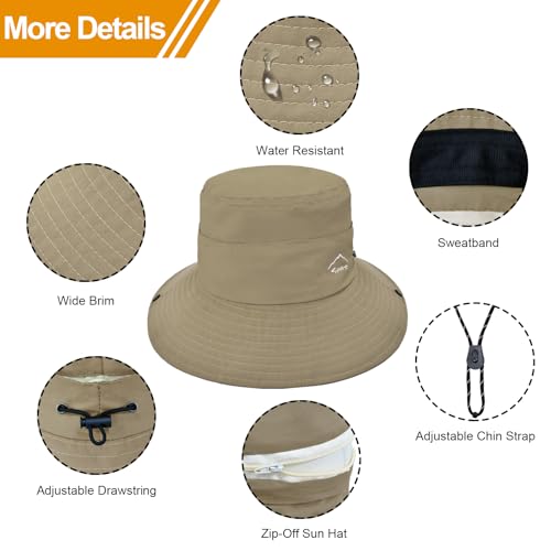 Sun Hats for Women Bucket Hat UV Protection Fishing Hat Wide Brim Safari Hats 2 in 1 Zip