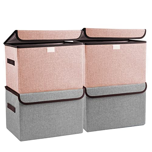 Linen Fabric Foldable Storage Cube Bin Organizer Basket with Flip (4 Count)