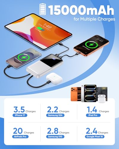 Portable Charger 15000mAh Slim Power Bank with Built in Cables