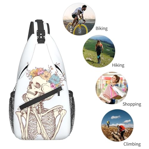 Sling Bag Skeleton Flower Skull Hiking Daypack Crossbody Shoulder Backpack Travel Chest Pack for Men Women