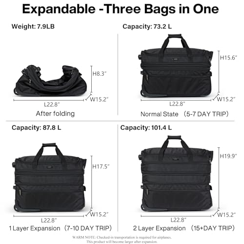 Large Expandable checked Luggage Suitcases with Wheels Foldable Duffle Bag for Travel suitcase for Women Men Garment Bag（Black）