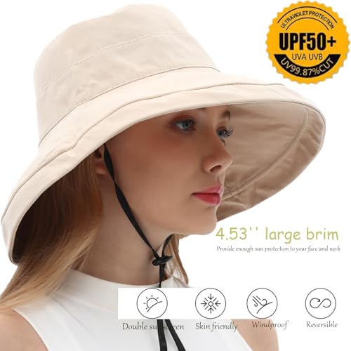 Womens Sun Hats Wide Brim Reversible Bucket Cotton Hat Packable Summer Travel Cap with Hat Clip