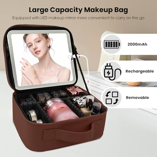 Travel Makeup Bag with LED Mirror and Light Travel Makeup Case Cosmetic Organizer Portable Cosmetic Brush Organizer Bag with Adjustable Dividers for Cosmetics Makeup Brushes Toiletry
