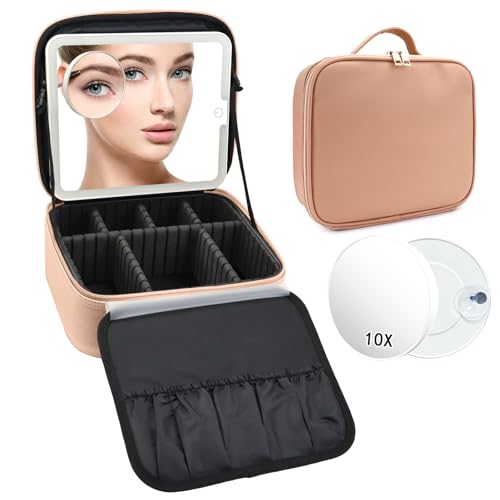 Travel Makeup Bag with LED Mirror and 10x magnifying glass with 3 Lighted Settings
