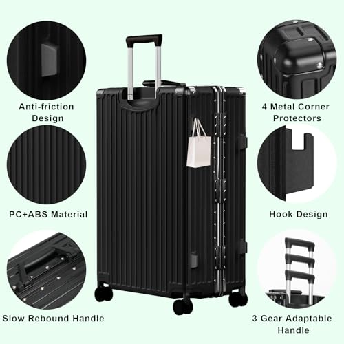 Luggage PC+ABS Aluminum Frame Zipperless Checked Luggage Hard Shell Suitcase with TSA Lock Double Spinner Wheels 28 Inch Black