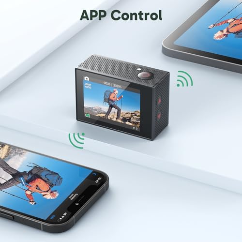 EK7000 4K30FPS 20MP WiFi Action Camera with 64GB MicroSD Memory Card Bundle EIS Ultra HD 131FT Waterproof Underwater Camera Remote Control 4X Zoom Support External Microphone Black