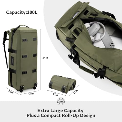 45/80/100L Rolling Duffel Bag with Wheels, X-Large Durable Travel Duffle + Toiletry Bag, Heavy Duty, Packable with Shoulder Straps- Use as Luggage or Backpack, Men/Women (Green)