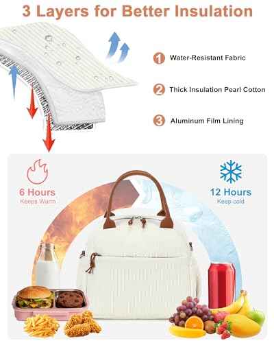 Lunch Bag for Women Men Cute Corduroy Lunch Tote Bags Reusable Insulated Lunch Box Large Capacity Reusable Insulated Cooler for Work Picnic or Travel