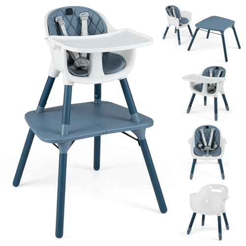 6-in-1 High Chair, Convertible Highchair for Babies and Toddlers/Kids Chair Table Set/Infant Feeding Chair w/Safety Harness, PU Leather Cushion & Removable Food Tray (Blue)
