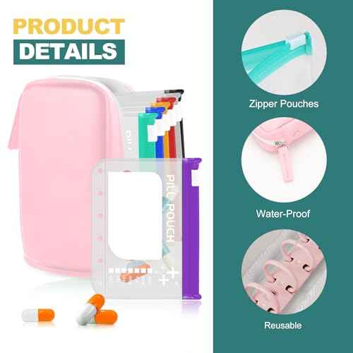A7 Waterproof Pill Organizer with 7 PCS L Size Zippered Pill Pouches for A7 Binder (7 Count)