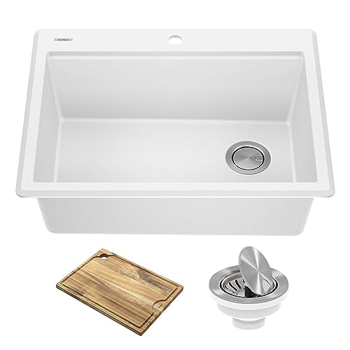 Bellucci 28 inch Granite Workstation Drop In Top Mount Single Bowl Kitchen Sink in White with Accessories