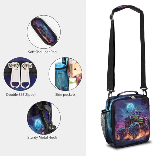 Monster Truck Cool Kids Lunch Box for Girls Boys Reusable Insulated Lunch Bag for Kids Toddler Thermal Cooler Spacious Lunchbox with Shoulder Strap Lunchbag for School Work Picnic (A08:truck)