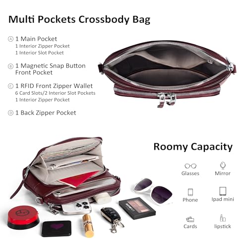 Genuine Leather Crossbody Bags for Women Travel Wallet Purse Burgundy