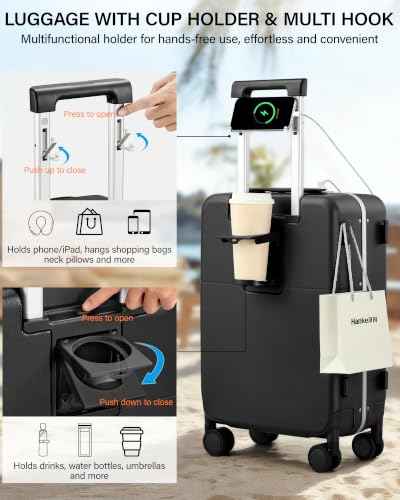20 Inch Top Opening Carry On Luggage with Cup Holder and USB Ports