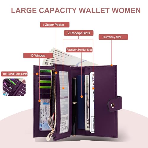 Womens Wallet RFID Blocking Vegan Leather Trifold Clutch Credit Card Holder Ladies Travel Wallet Purse with Passport