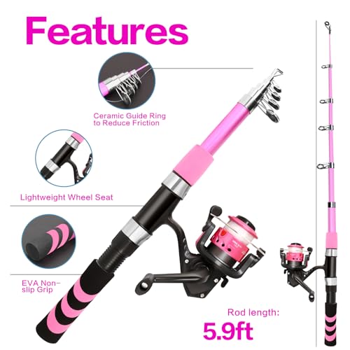 Kids Fishing Rod and Reel Combo Push Button Small Collapsible Telescopic Fishing Pole Kit Beginner Youth Girls Fishing Starter Set Tackle