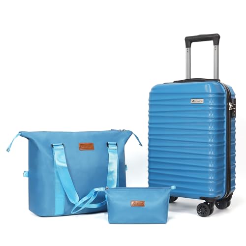 Luggage Set 3 Piece Luggage Set ABS hardshell Spinner Wheels Luggage Carry on Suitcase with Weekender bag & Toiletry bag（Skyblue） (3 Count)