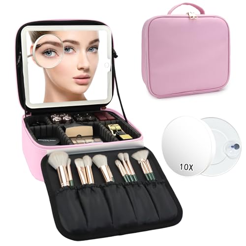 Travel Makeup Bag with LED Mirror and 10x magnifying glass with 3 Lighted Settings