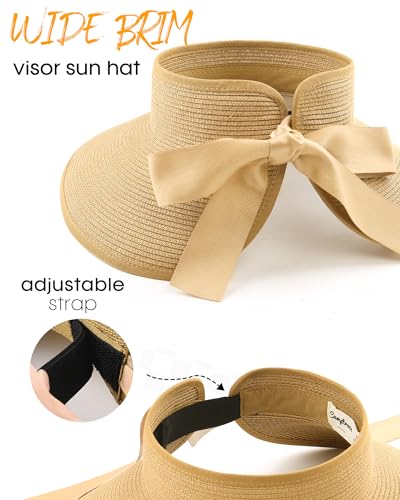 Women's Straw Sun Visor Hat UPF Wide Shade Ponytail Summer Hat