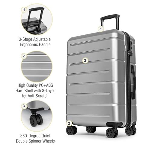 Large Suitcases with Wheels Hardshell 28 Inch Luggage TSA Approved Big Checked Luggage Durable Travel Rolling Suitcase Women Men Silver Grey