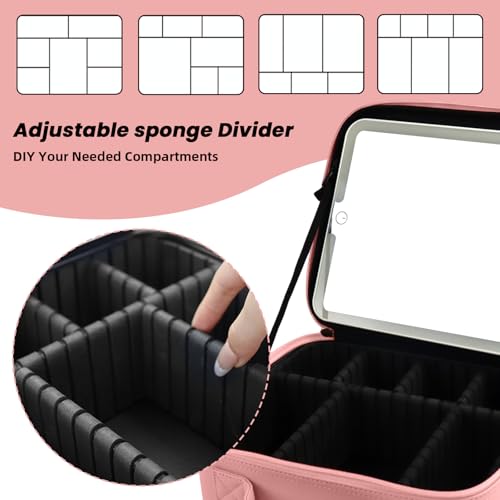 Travel Makeup Bag with LED Mirror Makeup Case with Light Up Mirror Portable Cosmetic Brush Organizer Bag with Adjustable Dividers for Cosmetics Makeup Brushes Toiletry