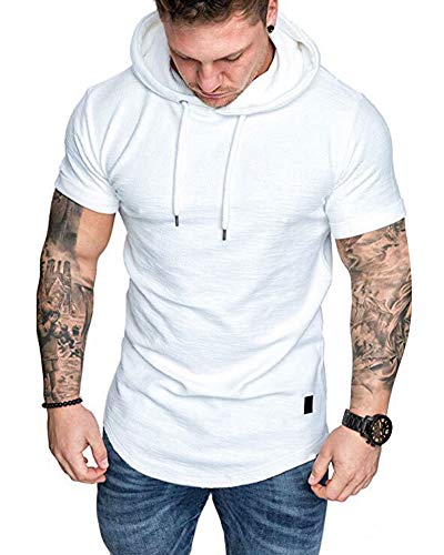 Mens Fashion Hoodies Sport Pullover Solid Color Shirt Workout Lightweight Tops White XX