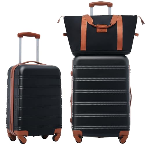 Luggage sets of 3 Piece 20 24 IN Carry on Luggage Hard Case Black and Brown Luggage Expandable Checked Luggage Suitcase Set with Wheels (3 Count)