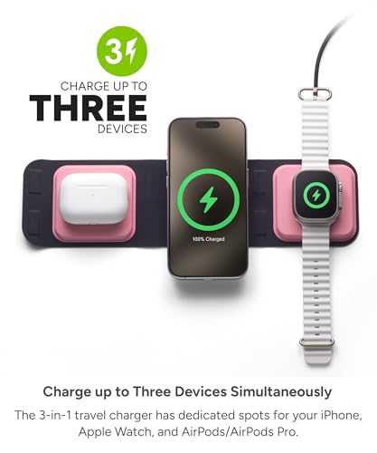 3-in-1 Travel Charger with MagSafe - Portable Wireless Charging Hub, Compatible w/iPhone 17/16/15/14/13/12 Series, Apple Watch Series 11 to 1 & Ultra, AirPods Pro/3rd Gen, Cherry Blossom Pink
