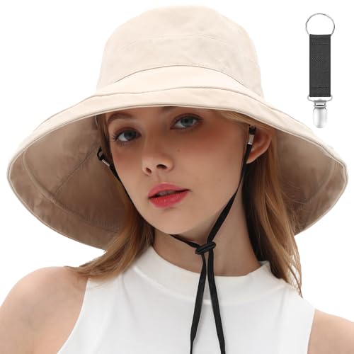 Womens Sun Hats Wide Brim Reversible Bucket Cotton Hat Packable Summer Travel Cap with Hat Clip