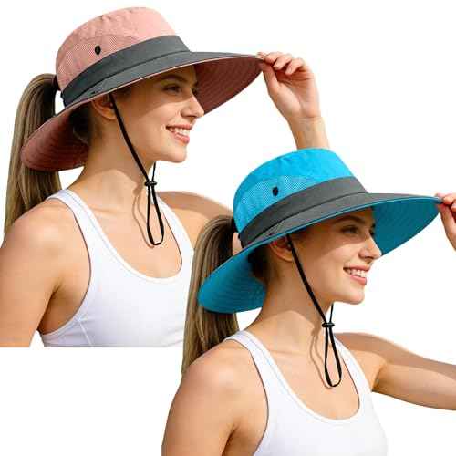 2 Pack Ponytail Sun Bucket Hats for Women UV Protection Foldable Mesh Wide Brim Hiking Beach Fishing Summer Safari (2 Count)