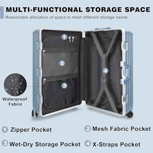 Luggage PC+ABS Aluminum Frame Zipperless Checked Luggage Hard Shell Suitcase TSA Lock Double Spinner Wheels 28 Inch Haze Blue