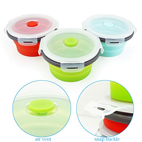 Ecomorning 3Piece Round Collapsible Lunch Container Silicone Food Storage Containers Collapsible Camping Bowl with Airtight Silicone Lids (3 Count)