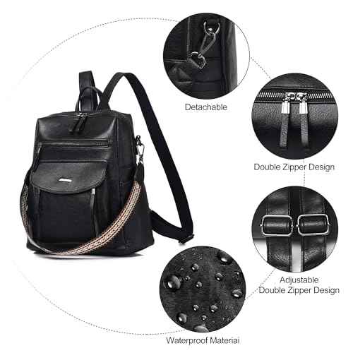 PU Leather Small Backpack Purse for Women Ladies Dark Black