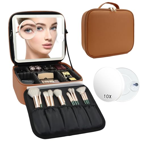 Travel Makeup Bag with LED Mirror and 10x magnifying glass with 3 Lighted Settings