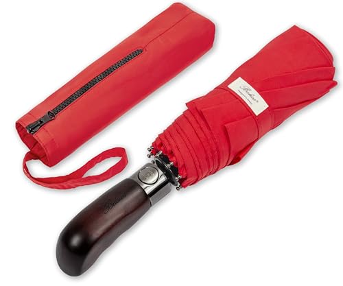 Folding Umbrella Real Wood Handle Auto Open Close Vibrant Red