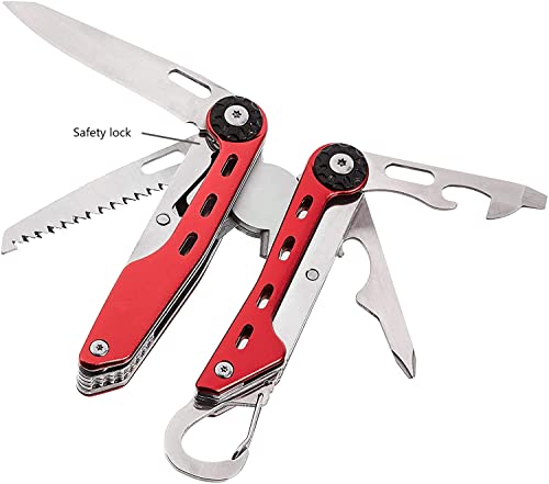 10-in-1 Stainless Steel Multitool for Hiking and Survival Gear with Needlenose Pliers, Wire Cutter, Saw, Safety Lock, Nylon Sheath, Red