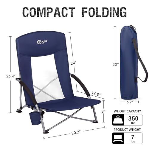 Beach Chairs for Adults 2 Pack High Back Low Folding Camping Chair Portable Lightweight with Cup Holder for Travel (2 Count)