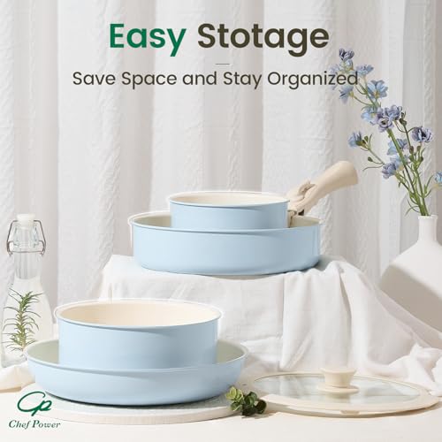 Ceramic Nonstick Pots and Pans Set 19 Piece with Detachable Handle