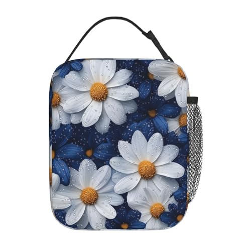 Elegant Daisy Insulated Lunch Box for Women Men White and Blue Flower Lunch Bag for Travel