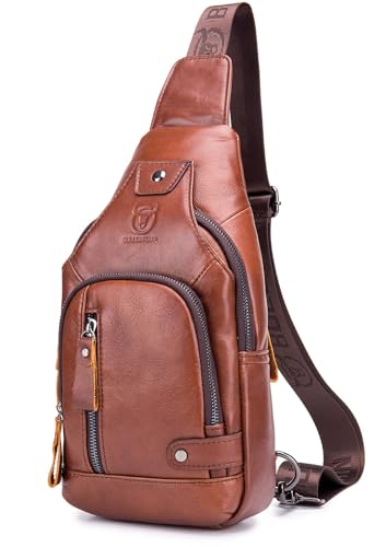 Leather Sling Bag Mens Chest Bag Casual Shoulder Crossbody Bags Travel Hiking Backpacks Daypack with USB Charging Port