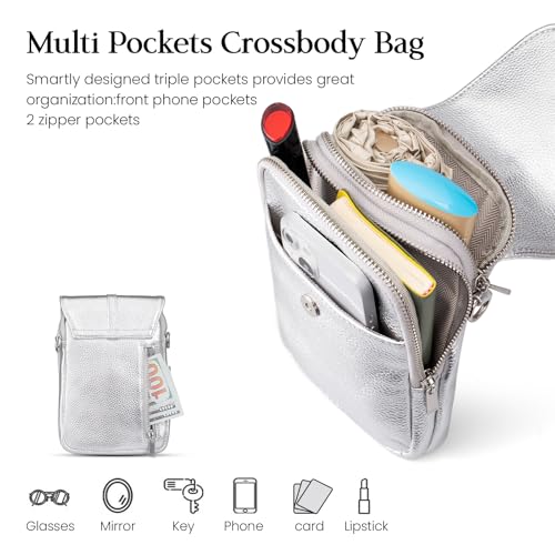 Silver Genuine Leather Small Crossbody Bags for Women Phone Purse