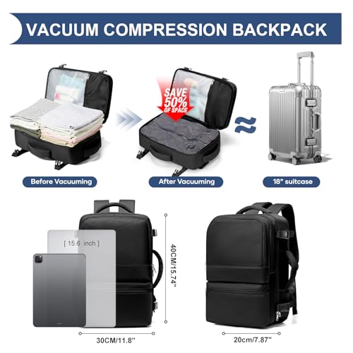 Vacuum Backpack Travel with Integrated Pump Vacuum Travel Backpack Carry On Flight Approved Frontier Spirit Airlines Personal Item Bag 18x14x8 Compression Carry On Luggage for Women Men Black
