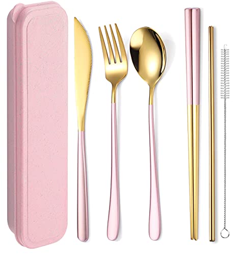 6 Pieces 18 8 Stainless Steel Flatware Set Portable Reusable Cutlery Set Travel Utensils Set Including Chopsticks Knife Fork Spoon Straws Cleaning Brush Dishwasher Safe (6 Count)