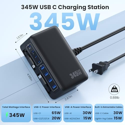 345W USB C Charger 10 in 1 Retractable Wall Charger with 2 Cables