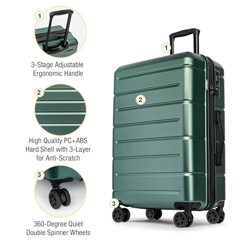 28 Inch Luggage with Wheels Hardshell Large Suitcase Lightweight Big Checked Luggage with TSA Lock Travel Rolling Suitcase for Women Men Green