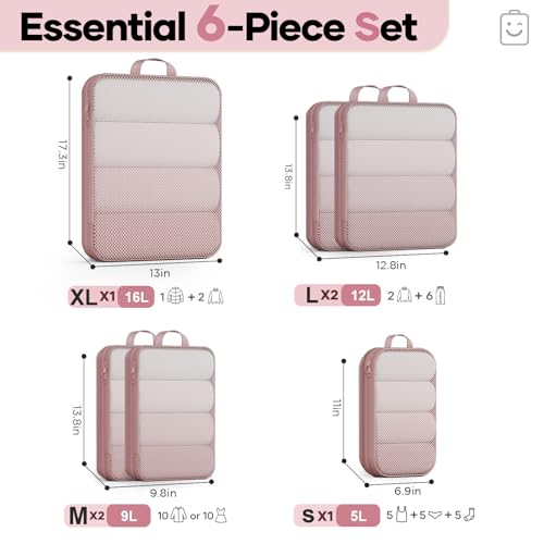 6/9/11 Set Compression Packing Cubes for Travel Essentials,Compressible Expandable Large Luggage Organizer Bags for Clothing,Space Saver Bags with Over 1000 pcs of Mesh Holes(Light Coral) (6 Count)