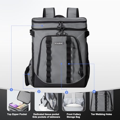 Cooler Bags Insulated Lunch Bags for Women Men 18hour 36cans Cooling for Camping Beach Picnic Travel Waterproof Backpack Cooles Insulated Leak Proof Gray 30L (36 Count)