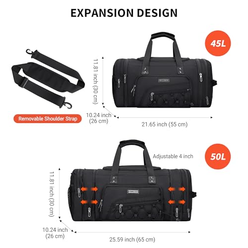 Mens Duffle Bag Expandable 50L Travel Gym with Shoe Compartment